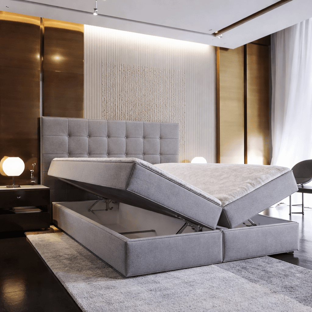 OP=OP Opberg Boxspring Dubai 200 x 220 Grijs | 40 cm extra hoge opslagruimte + Pocketvering