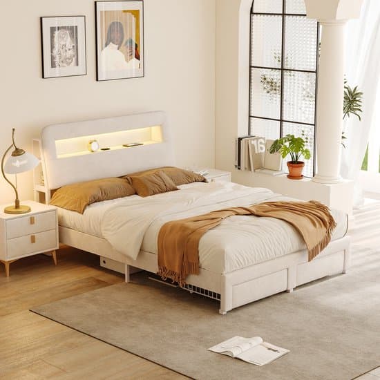 Modern gestoffeerd bed 160 x 200 cm met ledverlichting, tweepersoonsbed met 2 lades, jeugdbed met hydraulische opbergruimte, modern bedframe met lattenbodem, beige fluweel, zonder matras (splitsen voor 2 pakketten voor verzending)