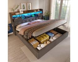 Gestoffeerd bed - 140x200 cm - Hydraulische Opbergruimte & LED - USB-C Lader - Linnen - Grijs