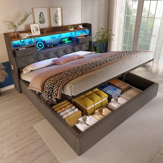 Gestoffeerd bed - 140x200 cm - Hydraulische Opbergruimte & LED - USB-C Lader - Linnen - Grijs