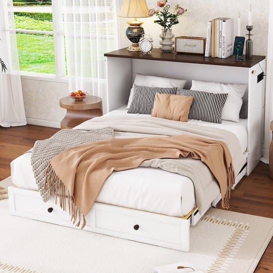 MIVRAY Opklapbed 140x200 Cm - Omvormbaar Naar Kast Met Opberglades En Hoofdplank - Met Laadpunt En Usb - Grenenhout Wit