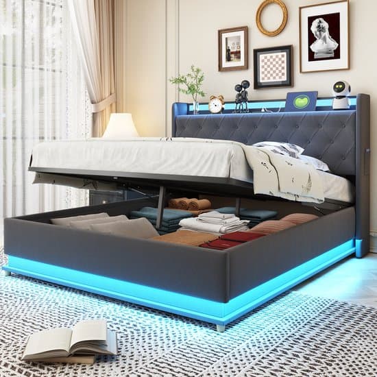 Wishdor – Opbergbed 140x200 cm – Hydraulische lift – LED & USB – Grijs linnen – Sfeervol & high-tech