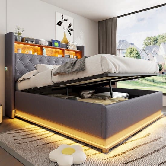 Wishdor – Gestoffeerd bed 160x200 cm – LED & USB – Hydraulische opbergruimte – Metaalframe grijs – Luxe