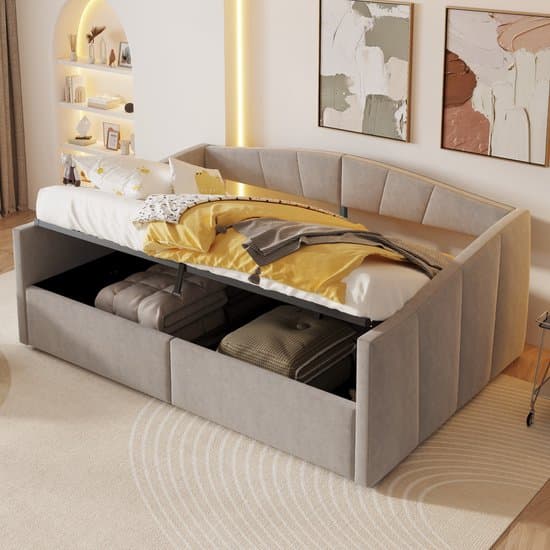 Slaapbank 140x200 cm - Lattenbodem - Hydraulische opberging - Zachte fluwelen stof - Multifunctioneel - 300 kg belastbaarheid - Lichtgrijs