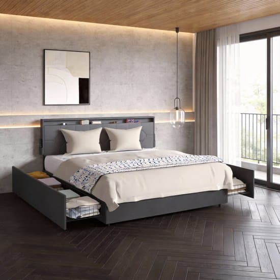 Gestoffen Bed - Van Linnenstof - 160x200cm - Bedframe - Met Rolbare Lades - Gepolsterd Hoofdeinde - Metalen Frame - Ladebed - Met Opbergruimte Onder Het Bed - Donkergrijs - NAIZY