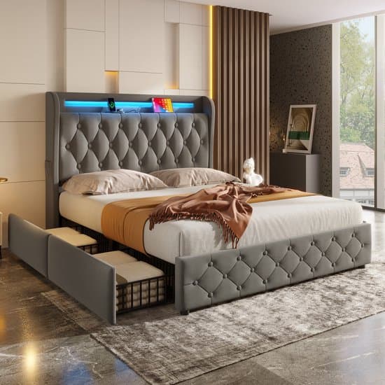 Wishdor – Gestoffeerd Bed 140x190 cm – Met App-gestuurde RGB-LED & Oplaadstation – Inclusief 4 Lades – Smart & Compleet – Stof & Metaal – Grijs