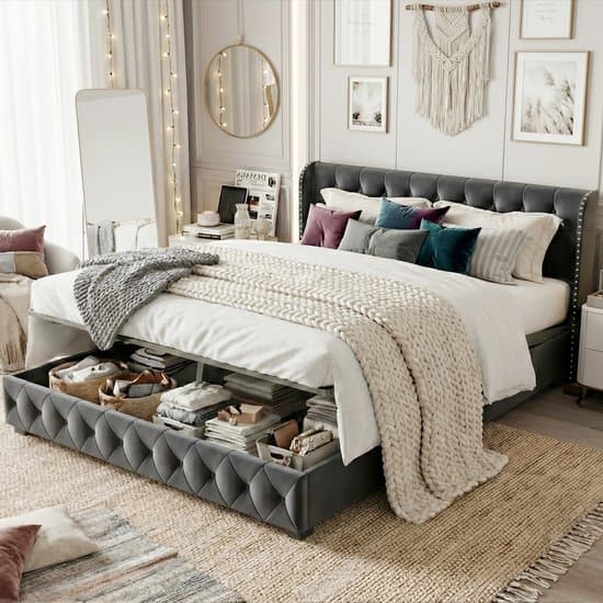 ADFBL Bed met Opbergruimte 160x200 Donkergrijs - Fluweel Ottomaan Bedframe Wingback met Siernagels & Hydraulische Pomp