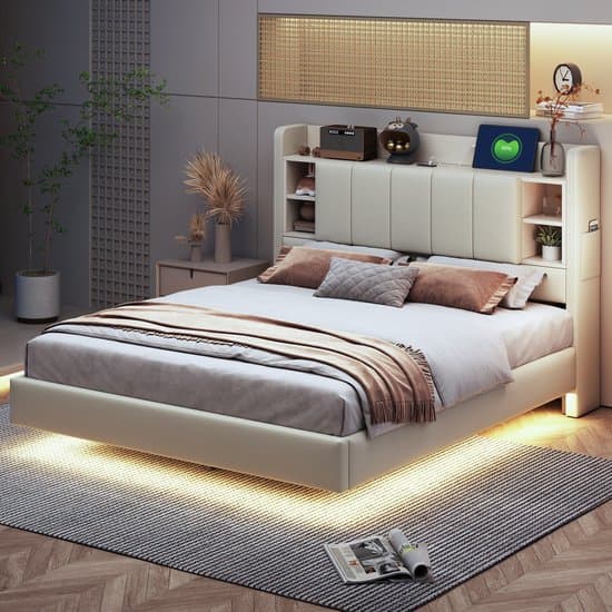 MODFU Ledikant 140x200 cm – linnen beige – met LED, USB, opbergruimte en zwevend design – modern