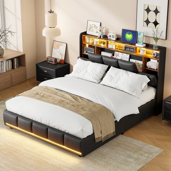 Opbergbed 140x200 cm met geïntegreerde LED en USB, gestoffeerd tweepersoonsbed met lattenbodem en hoofdeinde, voor volwassenen en tieners - zonder matras(Zwart PU)