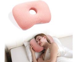 Hoofdkussen - slaapkussen - Oorpiercing kussen - Ergonomisch contour - met gat voor CNH en oorpijn, ontsteking, doorligwonden voor zijslapers, katoenen en polyester zijslaperkussen, wasbaar en verstelbaar oorbeschermingskussen, Roze