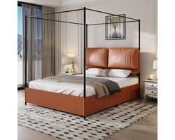 Merax Luxe Hemelbed – Gestoffeerd Bed 140x200 cm met Lederen Kussens – Metalen Frame – Verwijderbare Baldakijn – Bruin (Zonder Matras)
