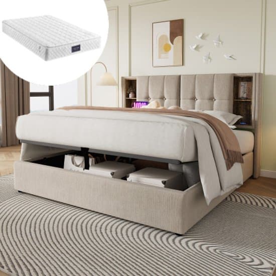 REDOM Luxe Opbergbed incl. Pocketvering Matras (140x200) - Linnen Twijfelaar met Draadloos Laden & USB - Naturel