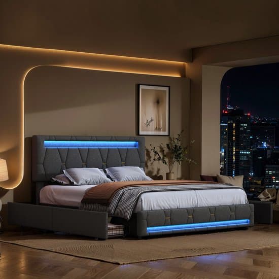 Tweepersoonsbed 160x200cm – Grijs Linnen Bed met 4 Laden, LED & USB – Verstelbaar Hoofdeinde