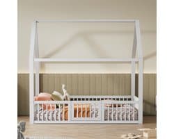 Tweepersoonsbed 140x200 cm - vlak bed - bed in huisstijl met klein deurtje - wit - zonder matras