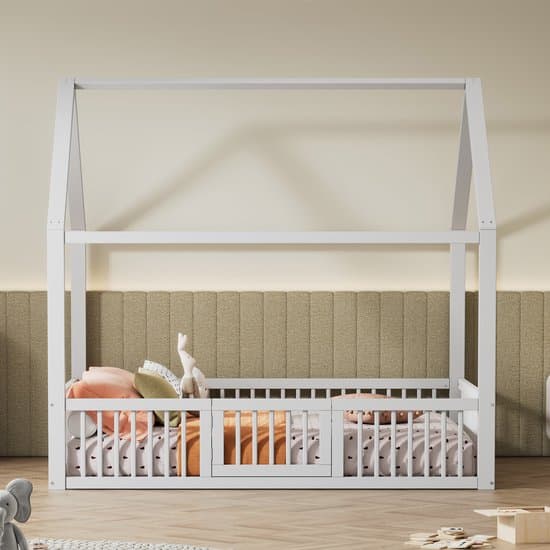 Tweepersoonsbed 140x200 cm - vlak bed - bed in huisstijl met klein deurtje - wit - zonder matras