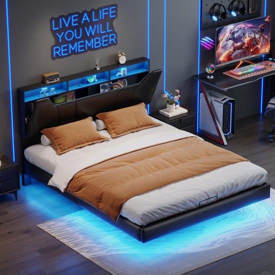 Polsterbed Dubbelbed 140x200 cm met LED, Hydraulisch Opbergbed Functiebed met Opberghoofdeinde en Stopcontact, Jeugdbed, Verstelbaar Hoofdeinde, Zonder Matras, PU Zwart