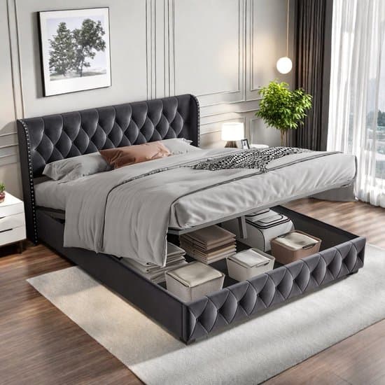 Gestoffeerd bed met lattenbodem en hoofdeinde, 140 x 200 cm, boxspringbed met veel opbergruimte, voor volwassenen en tieners, fluweel, donkergrijs, zonder matras (verzending in 2 pakketten)