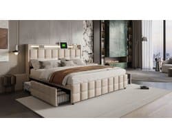 Gestoffeerd tweepersoonsbed 180x200 cm – Casa Velluto Luxe Opbergbed met 4 Laden, LED-Hoofdeinde met USB-C Oplaadfunctie, Lattenbodem van Hout, Linnen Bekleding, Modern Familie- en Tienerbed