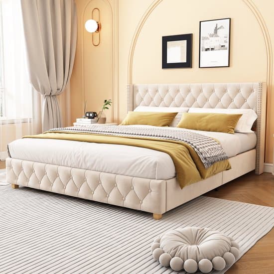 Wishdor Gestoffeerd Bed - Met Lattenbodem - Knopftufting - Fluwelen Bekleding - Lichtbeige - 160x200 Cm