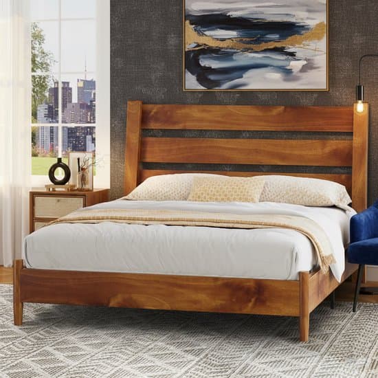 Luxe Massief Houten Tweepersoonsbed 160x200 cm met Hellend Hoofdeinde – Stabiel Lattenbodem Bedframe, Mid-Century Design, Geluidsvrij, Geelbruin – medahomestore