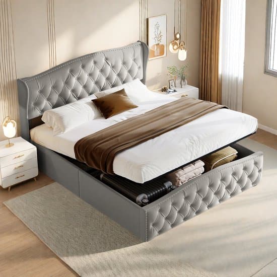 Tweepersoonsbed 160x200cm met Lattenbodem & Hydraulische Opbergruimte, Gestoffeerd Boxspringbed van Fluweel voor Moderne Slaapkamer & Jeugdkamer