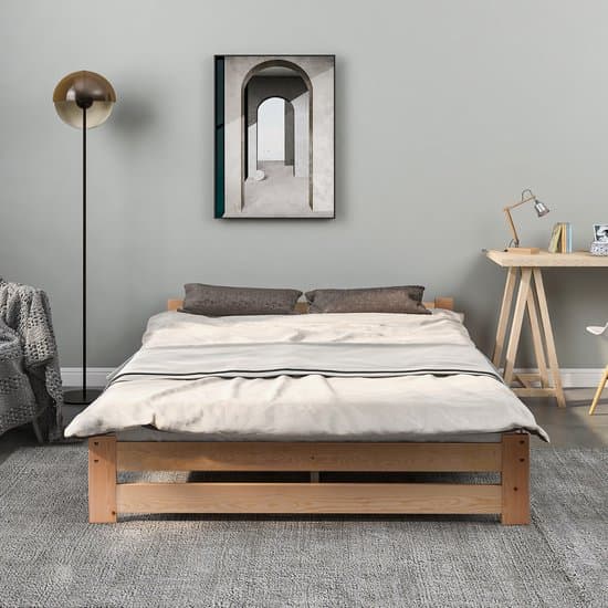 Massief houten bed 140x200 cm - tatamibed - met hoofdeinde en lattenbodem - houtkleur - zonder matras