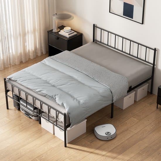 Auralum® Metalen Bed 140x200 cm - Tweepersoonsbed - Met Met Hoofd- & Voeteneinde - Extra Stevig - Anti Slip - Grote Opbergruimte - Eenvoudig te Monteren - Lattenbodem - IJzeren Bed - Zwart