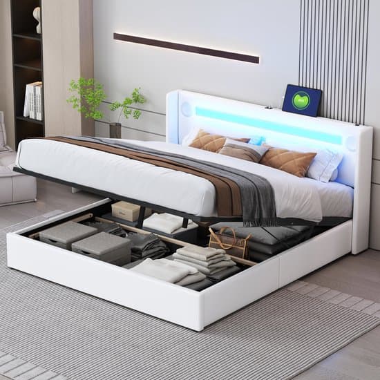 Matrasbed 160x200 - PU-leer Wit - Lattenbodem 24 - LEDstrip Bluetooth - USB-poorten - Groot Hydraulisch Opbergvak - 300kg Draagvermogen