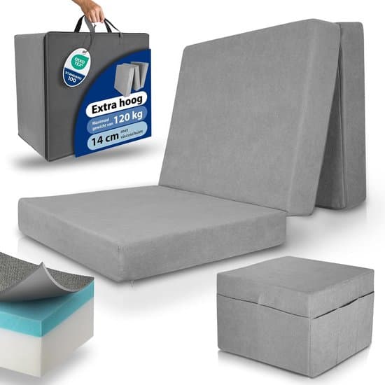 Beautissu VS95 – Premium Opvouwbaar Matras XXL 140x200cm inkl. Hoes – Extra Dik 14 cm Traagschuim Vouwmatras H3 – Wasbar Eenvoudig – Transport – Grijs
