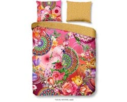 Luxe Satijnen Dekbedovertrek 200x220 cm - Bloemen en Papegaai Print - Roze/Oranje - 2 Persoons - 100% Katoen-Satijn