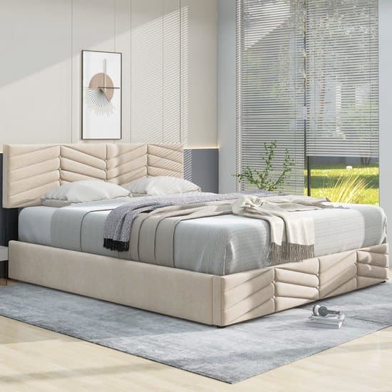 Gestoffeerd bed - 140 x 190 cm - Tweepersoonsbed - opbergbed met veel opbergruimte - Verstelbaar hoofdeinde - Zonder matras - Beige