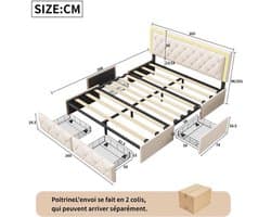 Bed – Bedframe – Slaapbank – Ledikant – Opbergbed – Beige – 140x200 cm – 4 Ruime Lades – Stevig Metalen Frame