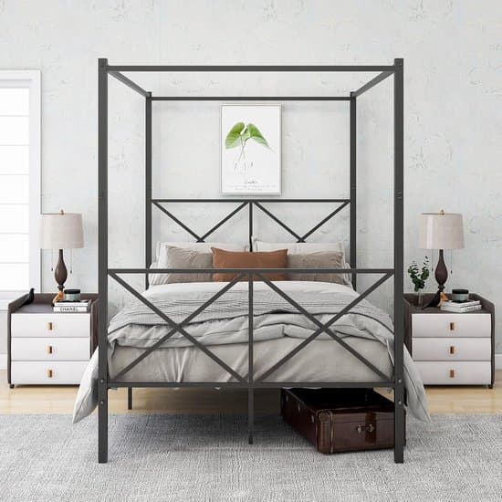 Hemelbed Frame - Metalen Bed - Slaapkamer Inrichting - Stevige Lattenbodem - 198x139x186 cm - Zwart