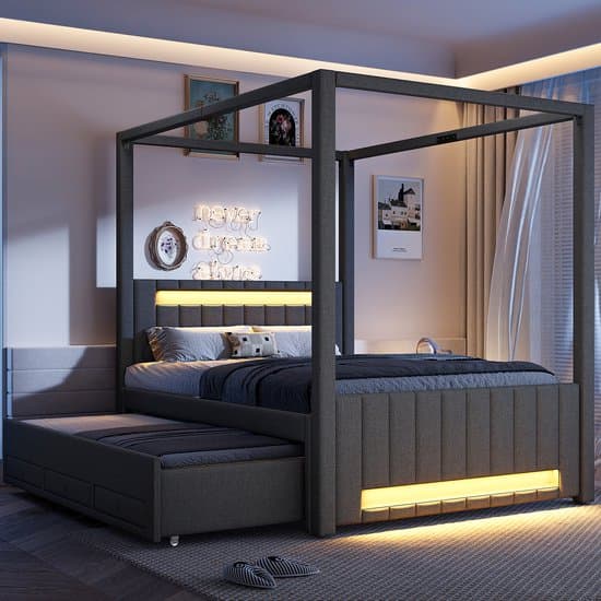 MODFU Hemelbed 140x200 cm – Met uitschuifbed, 3 laden & LED – App-gestuurd – Grijs