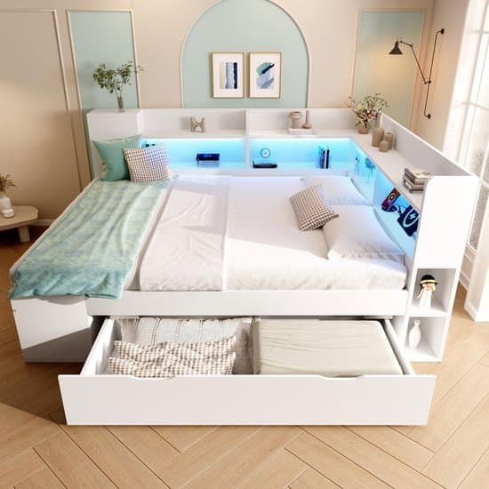 BLACKCOLORS Slaapbank 140x200 cm wit, functioneel bed met LED-verlichting, tweepersoonsbed van spaanplaat met USB- en Type-C-oplaadstation, opbergruimte, planken en lades, logeerbed met lattenbodem (zonder matras)