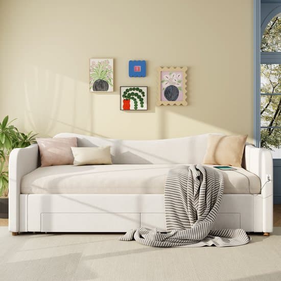 Wishdor – Uitschuifbaar gestoffeerd bed 90/180x200 cm – 2 laden, USB & USB-C – Fluweel – Beige – Klassieke flexibiliteit met moderne gemakken