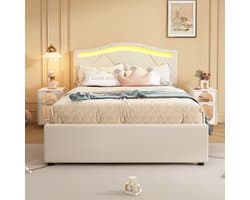 Wishdor Gestoffeerd Bed met LED en 2 Laden – Beige Linnen – 90x200 cm