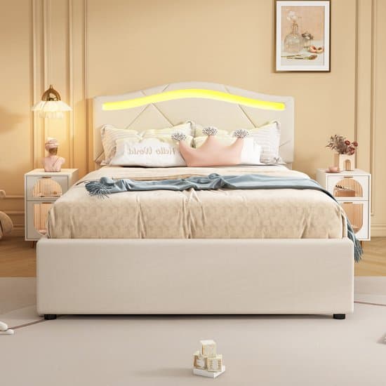 Wishdor Gestoffeerd Bed met LED en 2 Laden – Beige Linnen – 90x200 cm