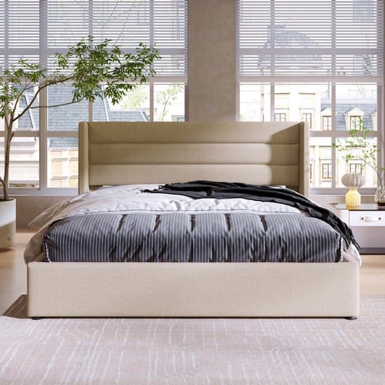 Hydraulisch Opbergbed 140x200 cm - Gestoffeerd Linnen Tweepersoonsbed - Houten & Metalen Lattenbodem - Beige