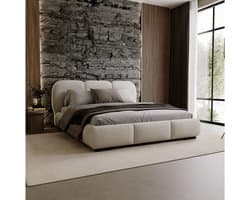 Gestoffeerd Tweepersoonsbed met Opbergruimte 160x200 cm – Bouclé Teddy Stof – Modern Slim Design met Lattenbodem – Beige – 225 x 193 x 103 cm – Holi Luxe Opbergbed – Abkantoor