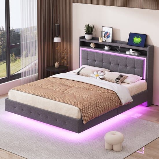 Gepolsterd Bed - 140x200 cm - Zwevend Design met LED - USB en Lattenbodem - Linnen - Grijs