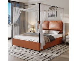 Merax Luxe Hemelbed – Gestoffeerd Bed 160x200 cm met Lederen Kussens – Metalen Frame – Verwijderbare Baldakijn – Bruin (Zonder Matras)