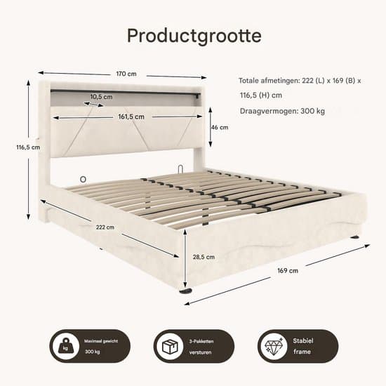 Strovea Gestoffeerd Tweepersoonsbed 160x200 cm Velvet Beige met LED, Opbergruimte, USB/Type-C & Gasveer Lattenbodem