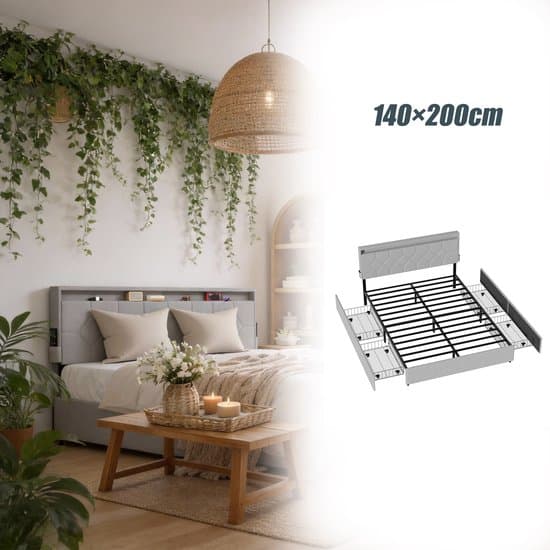 Aufun Gestoffeerd Bedframe Met Lades - 140×200 cm Lichtgrijs - Linnen Stof - Voorzien Van Lades Voor Handige Opbergruimte En Hoge Functionaliteit.