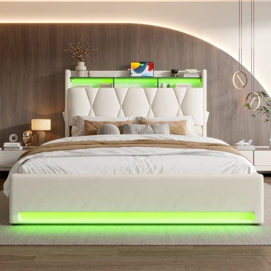 REDOM Opbergbed 160x200 cm – Velvet – Hydraulisch – LED & USB/Type-C – Beige – 300 kg