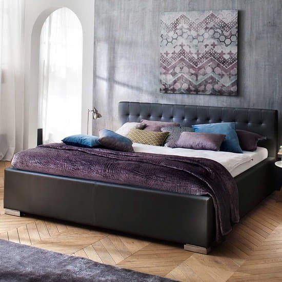 Bed Delphine 140x200 - zwart - Meise - Tweepersoons gestoffeerd bed - Zwart - Hout; Kunstleer; Spaanplaat Tweepersoons Normaal bed