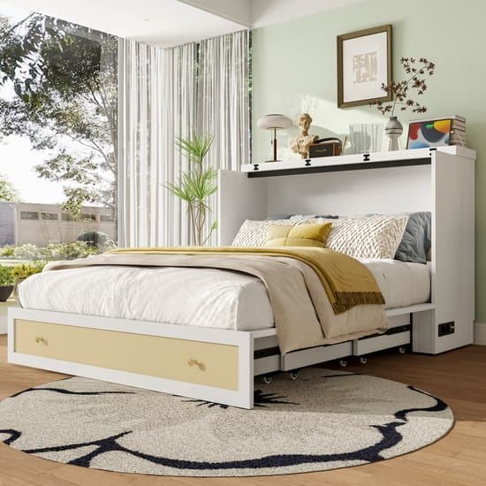 REDOM opklapbaar platformbed 140x200 cm – Met grote lade, USB en stopcontact – MDF + grenenhout – Wit