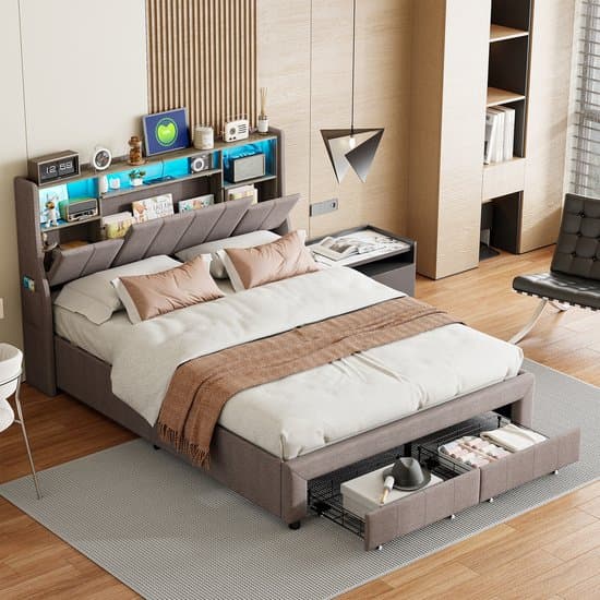 Bed 160x200 Grijs Linnen – met LED, USB & Opbergruimte