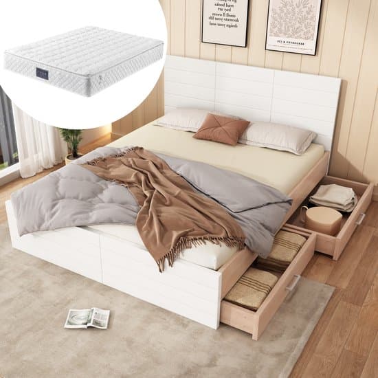 MIVRAY Houten Bed 140x200 Cm - Tweepersoonsbed Met 2 Lades En Lattenbodem - Met Opbergruimte Onder Bed - Massief Hout Mdf - Wit Eik - Met Matras