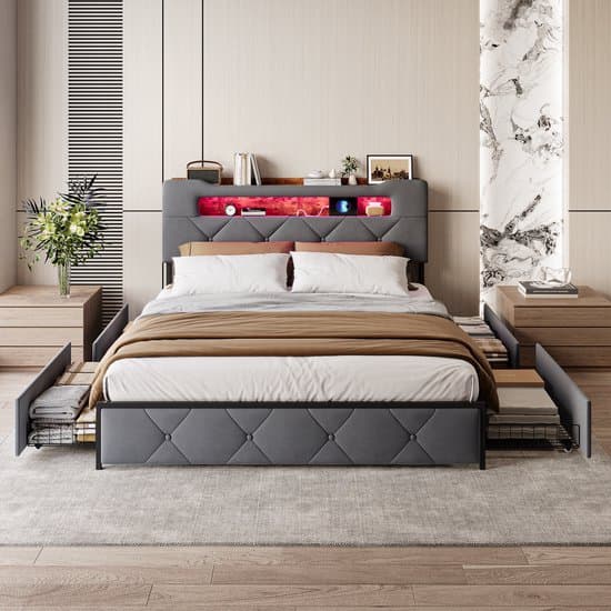 Bedframe 140x200 – met Lades & Opbergruimte – LED & USB-C – Fluweel Grijs